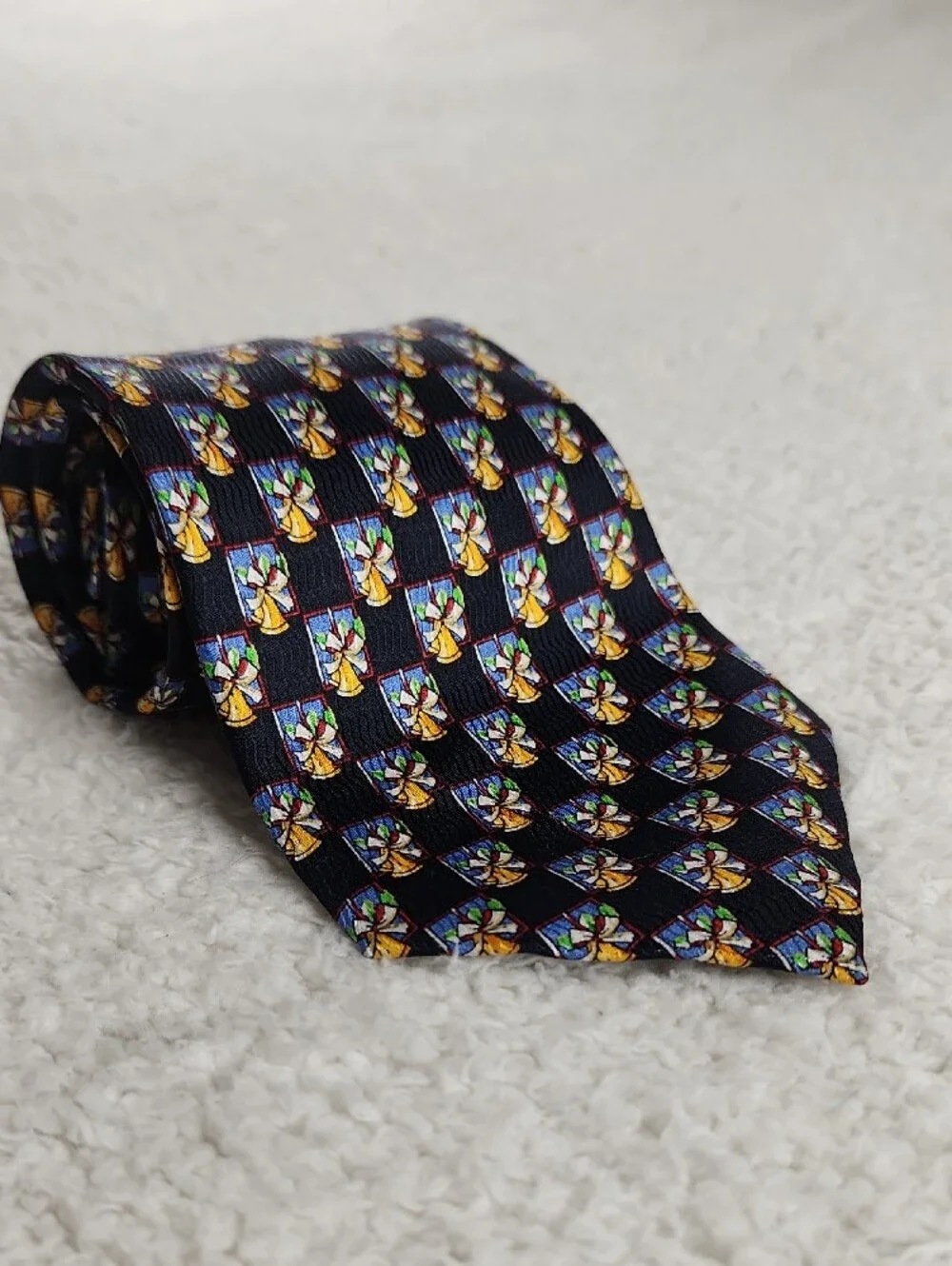 Silk Navy Men's Tie w Christmas Holiday Bell Motif, Keith Daniels